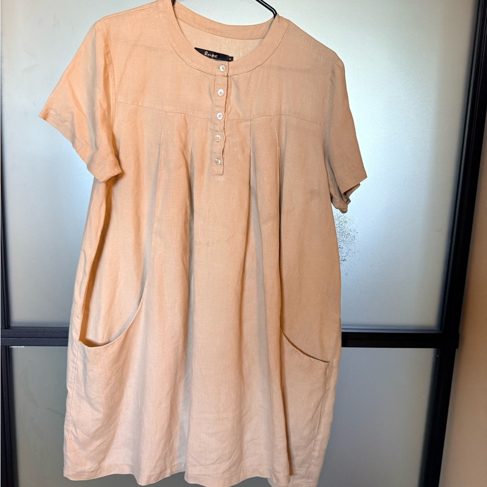 Beige Short Sleeve Dress with Pockets